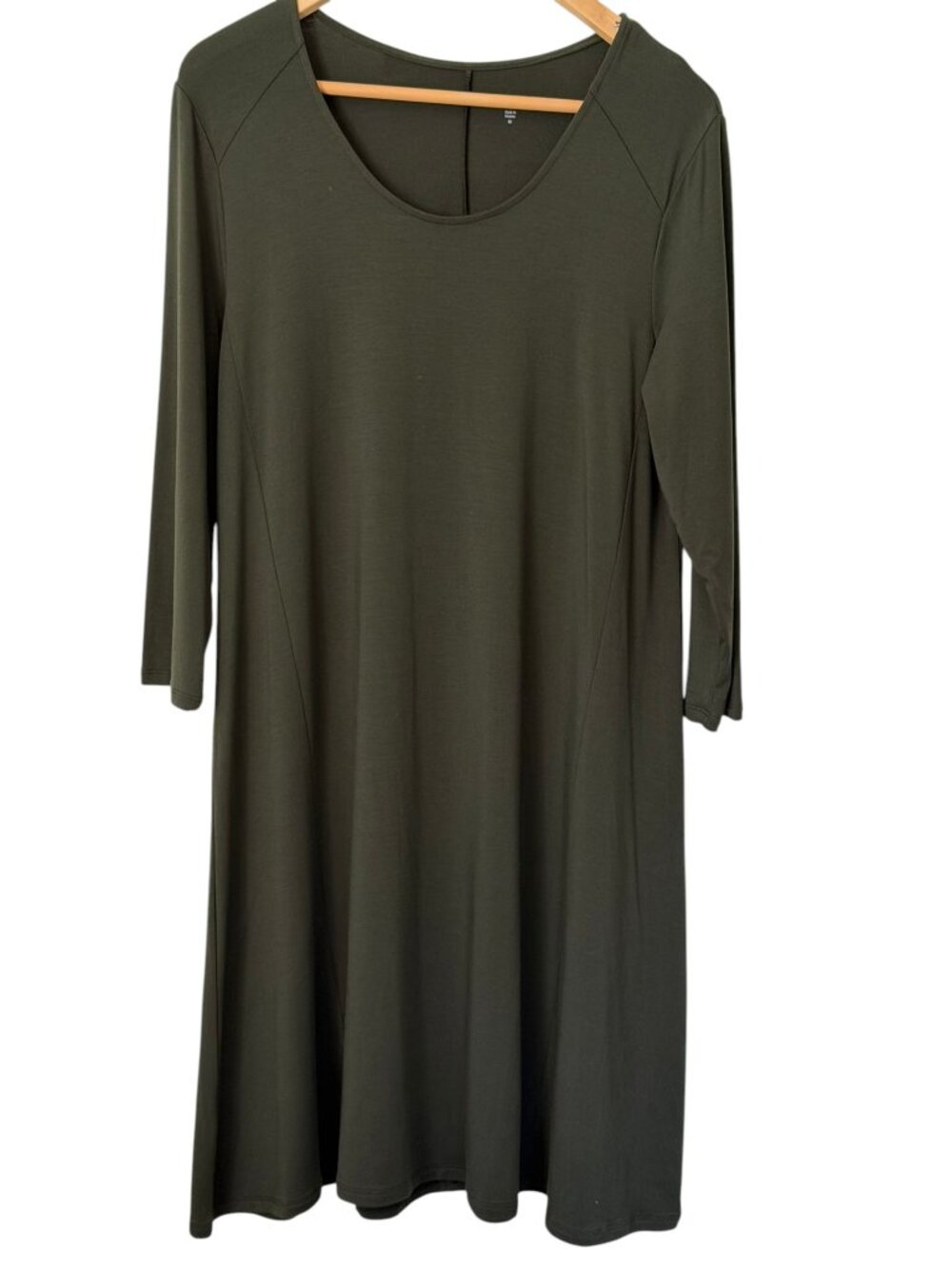 Garnet Hill Seamed Knit Trapeze Tencel 3/4 Sleeve Scoop Neck Dress Olive Green M
